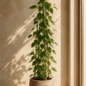 climbing money plant (pothos) on bamboo trellis